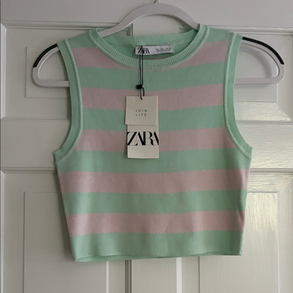 Zara Pastel Green and Pink Striped Top NWT